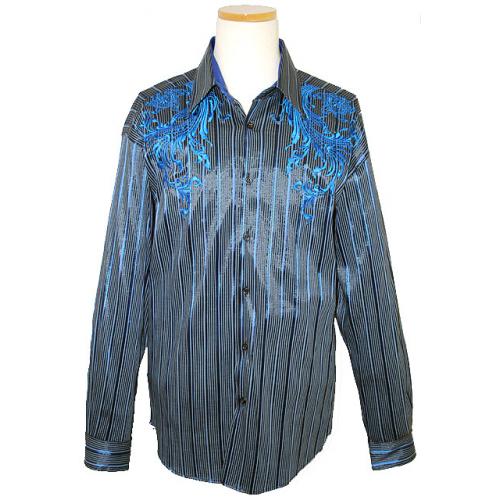 Pronti Black With Royal Blue/Grey  Stripes & Embroiderey Cotton Blend Long Sleeves Shirt S5747